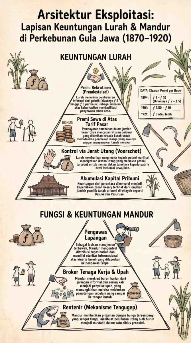 Infografik berjudul Arsitektur Eksploitasi: Lapisan Keuntungan Lurah & Mandur di Perkebunan Gula Jawa (1870–1920) yang menampilkan dua diagram piramida. Piramida pertama menjelaskan empat lapisan keuntungan lurah, yaitu premi rekrutmen (premiestelsel), premi sewa di atas tarif pasar, kontrol melalui jerat utang (voorschot), dan akumulasi kapital pribumi. Piramida kedua menjelaskan tiga fungsi dan keuntungan mandur, yaitu pengawas lapangan, broker tenaga kerja dan upah, serta rentenir melalui mekanisme tengugep. Infografik dilengkapi ilustrasi tanaman tebu, alat pertanian, karung uang, pekerja perkebunan, rumah tradisional, dan data historis mengenai besaran premi per bouw pada 1894, 1901, dan 1921, dengan latar bernuansa krem bergaya sejarah (ardiholmes.id).