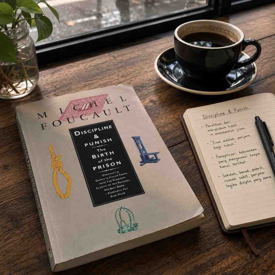 Buku Discipline and Punish: The Birth of the Prison karya Michel Foucault di atas meja kafe, ditemani secangkir kopi hitam dan buku catatan berisi rangkuman tentang disiplin, pengawasan, dan Panopticon.
