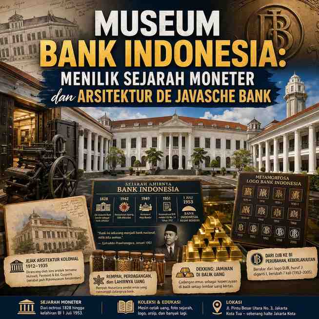 Ilustrasi thumbnail Museum Bank Indonesia, bekas kantor pusat De Javasche Bank di Kota Tua Jakarta, menampilkan fasad bangunan bergaya neoklasik, mesin cetak uang tua, linimasa lahirnya Bank Indonesia, replika batangan emas sebagai simbol dekking, panel metamorfosis logo Bank Indonesia, serta elemen sejarah moneter Indonesia dari 1828 hingga 1953 dalam desain kolase informatif bertema arsitektur kolonial dan perbankan nasional (ardiholmes.id).