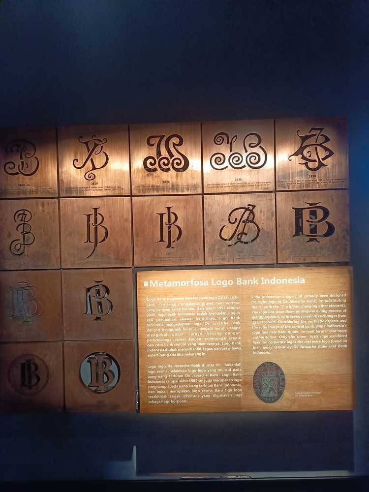 Panel Metamorfosa Logo Bank Indonesia berupa enam belas ukiran tembaga monogram dari era De Javasche Bank tahun 1870-an, 1918, tiga versi tahun 1930, lalu monogram Bank Indonesia 1948 hingga 2005, dengan teks penjelasan dwibahasa bahwa logo BI berakar pada logo DJB dan berubah tujuh kali antara 1953 dan 2005 (ardiholmes.id).