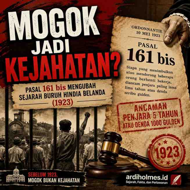 Thumbnail artikel sejarah tentang Pasal 161 bis di Hindia Belanda tahun 1923 yang menampilkan buruh kereta api di balik jeruji, dokumen ordonansi kolonial, palu hakim, dan judul "Mogok Jadi Kejahatan?" sebagai simbol kriminalisasi pemogokan buruh.