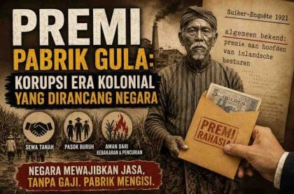 Ilustrasi praktik premi pabrik gula pada masa kolonial Hindia Belanda yang menggambarkan pemberian uang kepada kepala desa sebagai imbalan memperlancar sewa tanah, penyediaan buruh, serta pengamanan kebun tebu dari kebakaran dan pencurian. Visual menyoroti hubungan antara negara, industri gula, dan korupsi sistemik yang berkembang sejak akhir Tanam Paksa hingga awal abad ke-20. (ardiholmes.id)