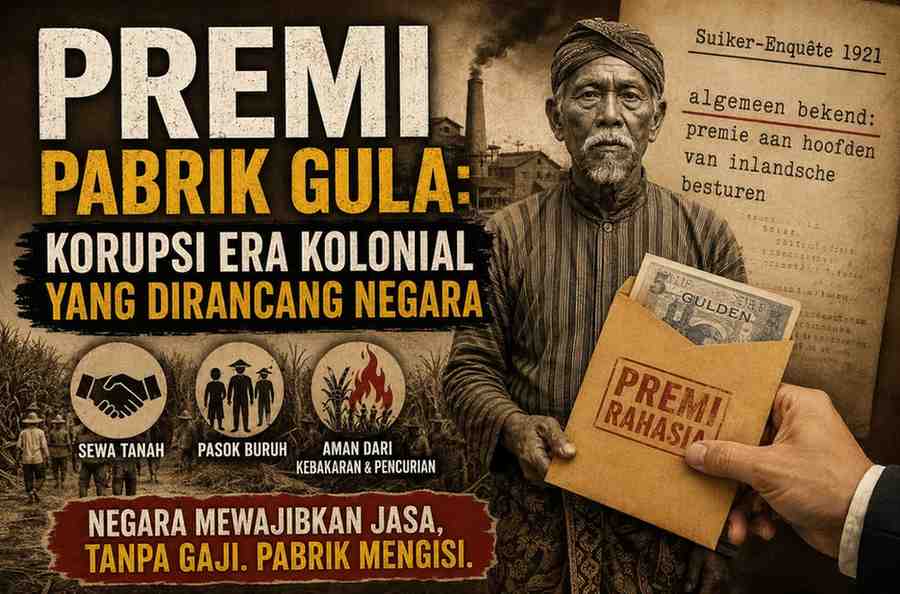 Ilustrasi praktik premi pabrik gula pada masa kolonial Hindia Belanda yang menggambarkan pemberian uang kepada kepala desa sebagai imbalan memperlancar sewa tanah, penyediaan buruh, serta pengamanan kebun tebu dari kebakaran dan pencurian. Visual menyoroti hubungan antara negara, industri gula, dan korupsi sistemik yang berkembang sejak akhir Tanam Paksa hingga awal abad ke-20. (ardiholmes.id)