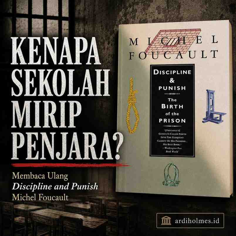 Thumbnail artikel "Kenapa Sekolah Mirip Penjara?" menampilkan sampul buku Discipline and Punish: The Birth of the Prison karya Michel Foucault dengan latar jeruji penjara dan ruang kelas sebagai ilustrasi konsep disiplin dan pengawasan.
