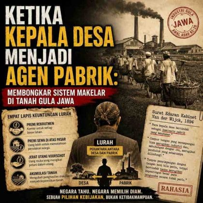 Ilustrasi sejarah bergaya dokumenter yang menampilkan seorang lurah membelakangi kamera sebagai perantara antara desa dan pabrik gula kolonial di Jawa. Di latar belakang tampak cerobong pabrik gula, buruh pengangkut tebu, dokumen rahasia pemerintah kolonial tahun 1894, serta infografik empat lapis keuntungan lurah dalam sistem perkebunan gula. Judul utama berbunyi "Ketika Kepala Desa Menjadi Agen Pabrik: Membongkar Sistem Makelar di Tanah Gula Jawa" dengan nuansa warna cokelat vintage yang menggambarkan eksploitasi buruh dan relasi kuasa pada masa kolonial Belanda (ardiholmes.id)