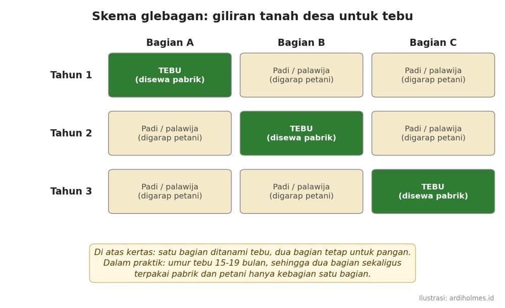 Diagram giliran glebagan selama tiga tahun; setiap tahun satu dari tiga bagian tanah desa ditanami tebu sewa pabrik, sisanya padi dan palawija.