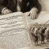 Ilustrasi kolase bernuansa sepia menampilkan sebuah jurnal tua terbuka bertajuk Archief voor de Suikerindustrie in Nederlandsch-Indië berisi teks keputusan rahasia (kabinetsmissive) 5 Februari 1894, dengan kata "onnoodig" yang dilingkari hitam. Di atas meja sebelah kiri terdapat pena dan amplop bertuliskan "Raha-sia Ge-heim" di bawah tangan pejabat kolonial. Di sisi kanan halaman, tampak visualisasi seorang kepala desa Jawa (lurah) berpakaian lurik dan blangkon sedang mengomandoi barisan petani yang memikul batang tebu menuju pabrik gula kolonial dengan cerobong asap yang mengepul. (ardiholmes.id)