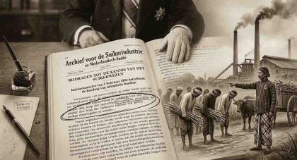Ilustrasi kolase bernuansa sepia menampilkan sebuah jurnal tua terbuka bertajuk Archief voor de Suikerindustrie in Nederlandsch-Indië berisi teks keputusan rahasia (kabinetsmissive) 5 Februari 1894, dengan kata "onnoodig" yang dilingkari hitam. Di atas meja sebelah kiri terdapat pena dan amplop bertuliskan "Raha-sia Ge-heim" di bawah tangan pejabat kolonial. Di sisi kanan halaman, tampak visualisasi seorang kepala desa Jawa (lurah) berpakaian lurik dan blangkon sedang mengomandoi barisan petani yang memikul batang tebu menuju pabrik gula kolonial dengan cerobong asap yang mengepul. (ardiholmes.id)