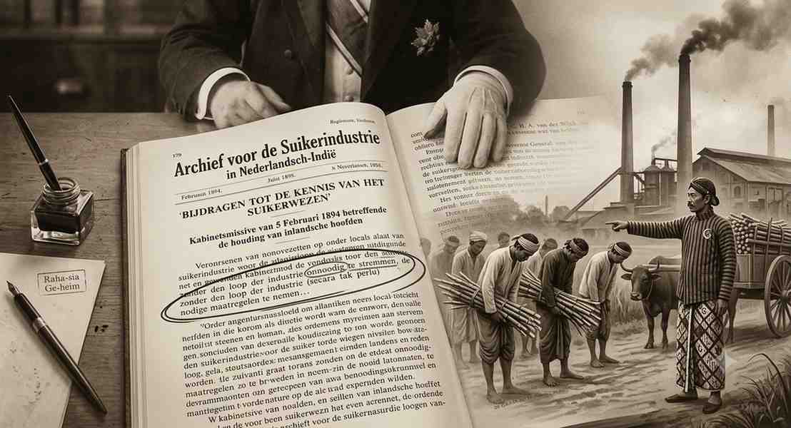 Ilustrasi kolase bernuansa sepia menampilkan sebuah jurnal tua terbuka bertajuk Archief voor de Suikerindustrie in Nederlandsch-Indië berisi teks keputusan rahasia (kabinetsmissive) 5 Februari 1894, dengan kata "onnoodig" yang dilingkari hitam. Di atas meja sebelah kiri terdapat pena dan amplop bertuliskan "Raha-sia Ge-heim" di bawah tangan pejabat kolonial. Di sisi kanan halaman, tampak visualisasi seorang kepala desa Jawa (lurah) berpakaian lurik dan blangkon sedang mengomandoi barisan petani yang memikul batang tebu menuju pabrik gula kolonial dengan cerobong asap yang mengepul. (ardiholmes.id)