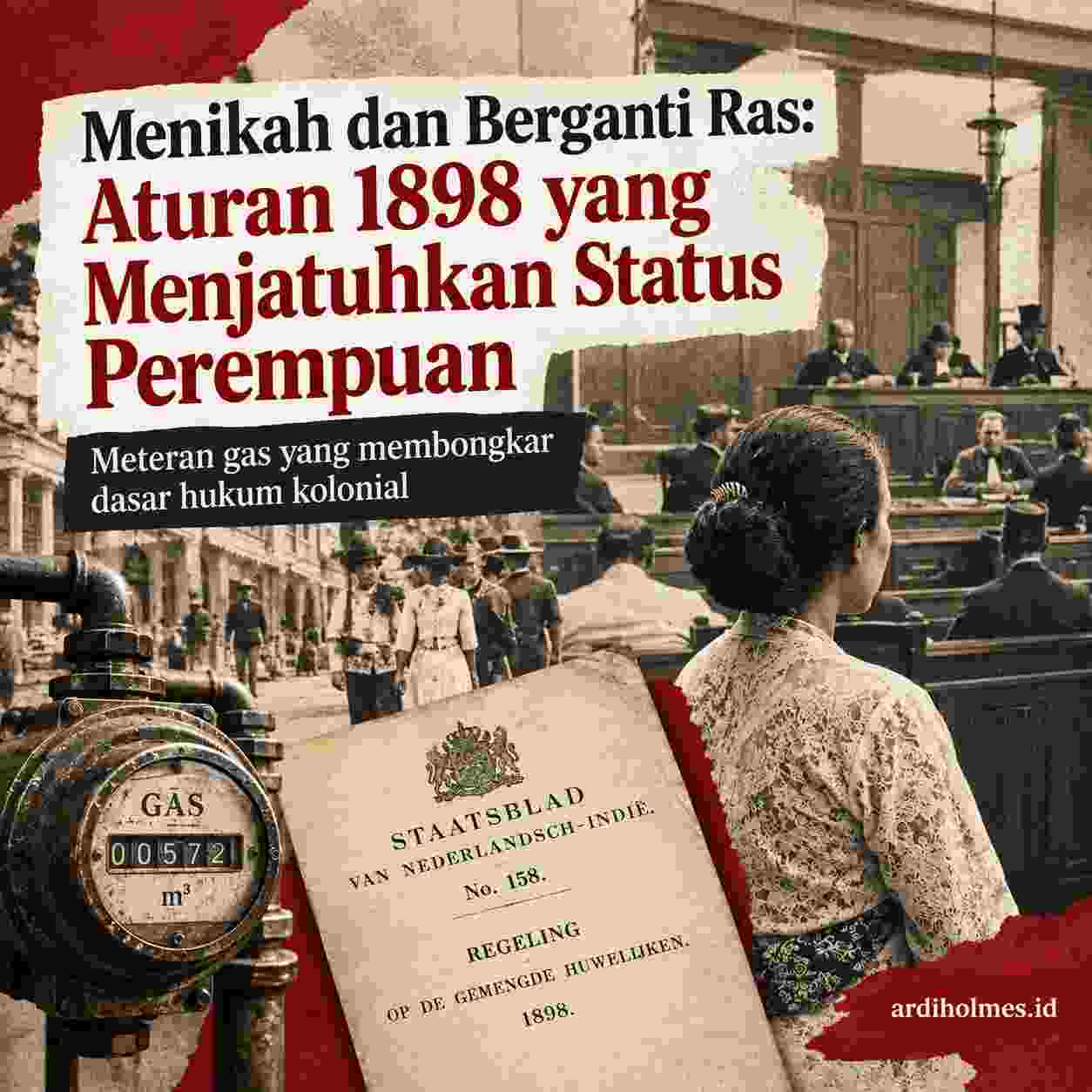 Thumbnail artikel tentang perkawinan campuran 1898, dengan latar sidang kolonial, meteran gas tua, dan dokumen Staatsblad 1898 No. 158 yang menyoroti aturan kolonial yang menjatuhkan status perempuan.