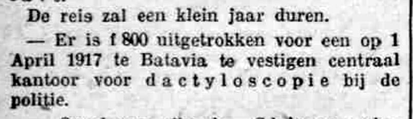 Potongan kolom koran Het Vaderland 22 Mei 1917 memuat berita anggaran f 800 untuk kantor pusat daktiloskopi kepolisian di Batavia