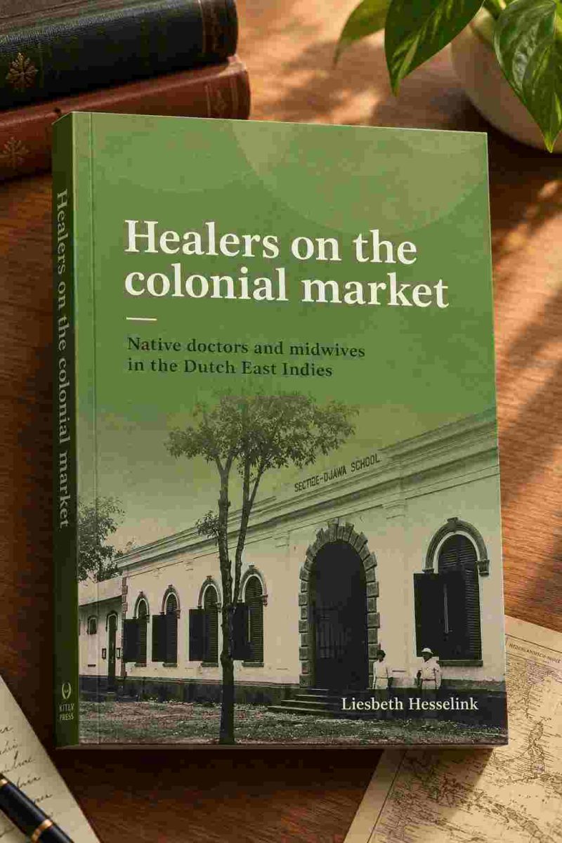 Sampul buku Healers on the Colonial Market: Native Doctors and Midwives in the Dutch East Indies karya Liesbeth Hesselink dengan ilustrasi gedung Sekolah Dokter Djawa pada bagian bawah sampul. (ardiholmes.id)