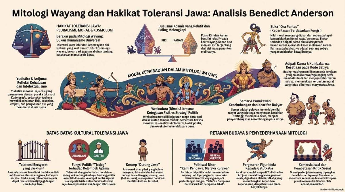 Infografis berjudul Mitologi Wayang dan Hakikat Toleransi Jawa: Analisis Benedict Anderson yang menjelaskan konsep toleransi Jawa berdasarkan esai Mythology and the Tolerance of the Javanese. Infografis memuat penjelasan tentang pluralisme moral dan kosmologi wayang, dualisme kiri-kanan, etika "ora pantes", peran Yudistira, Arjuna, Bima, Kresna, Karna, Kumbakarna, Semar, dan Punakawan, batas-batas toleransi budaya Jawa, konsep "durung Jawa", fungsi politik toleransi terhadap kelompok agama, serta retakan budaya akibat politisasi wayang, penyederhanaan mitologi, komersialisasi, dan perubahan figur teladan menuju Gatotkaca. (ardiholmes.id)
