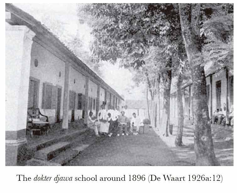 Bangunan Sekolah Dokter Djawa sekitar tahun 1896 dengan halaman yang rindang dan sejumlah orang berada di depan bangunan. (ardiholmes.id)